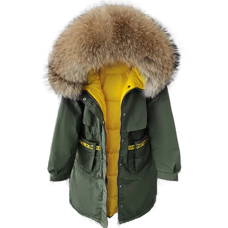 Real Fur Down Jacket Women Long Coat Warm Outwear Big Fur Collar Luxury Female Clothes Parkas Puffer Jacket no placket 1