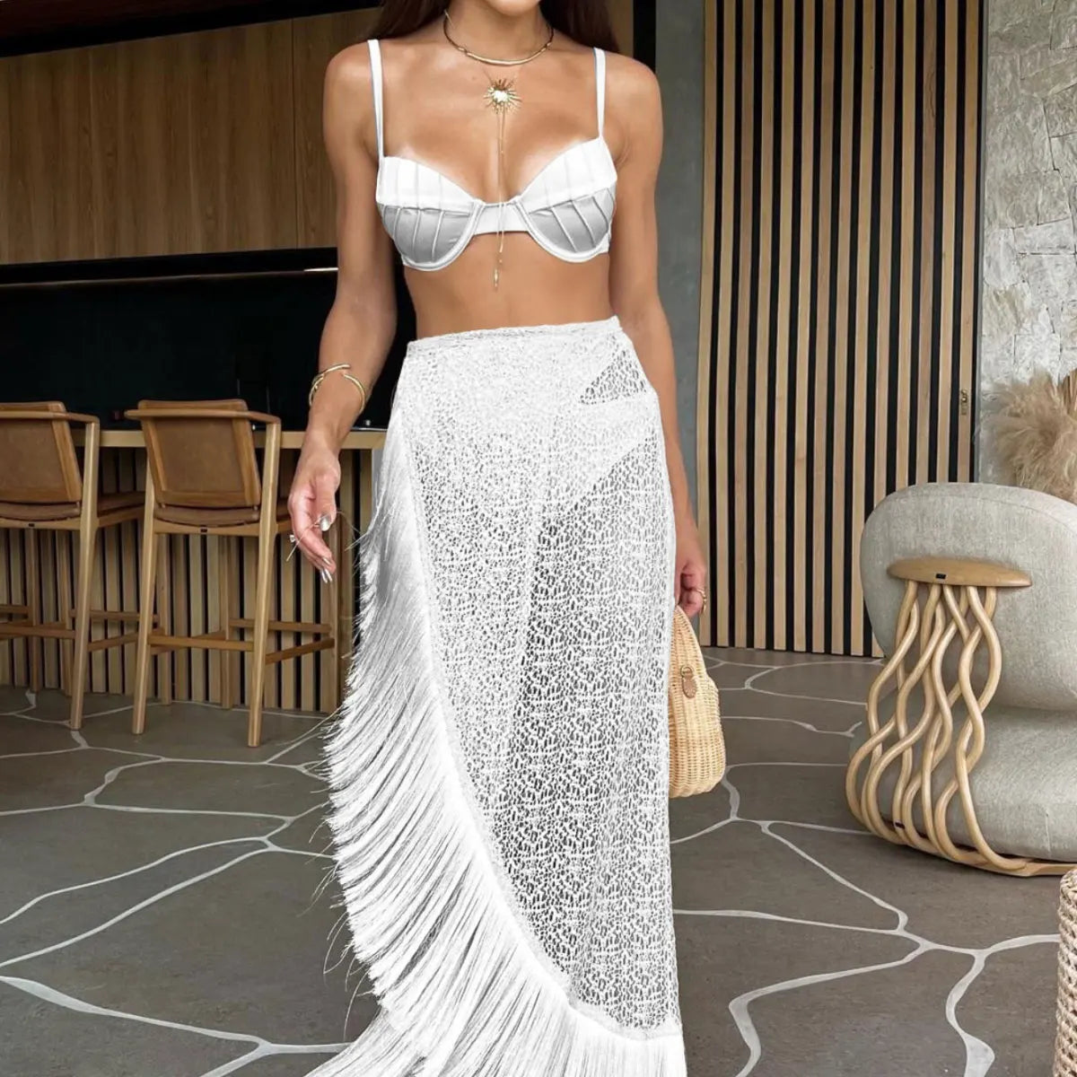 3 Pieces Tassel Bikini Set Women Beach Knitting Skirts Suit Hollow Out Grid Sexy See-Through Party Streetwear Summer Outfit PI23562W1