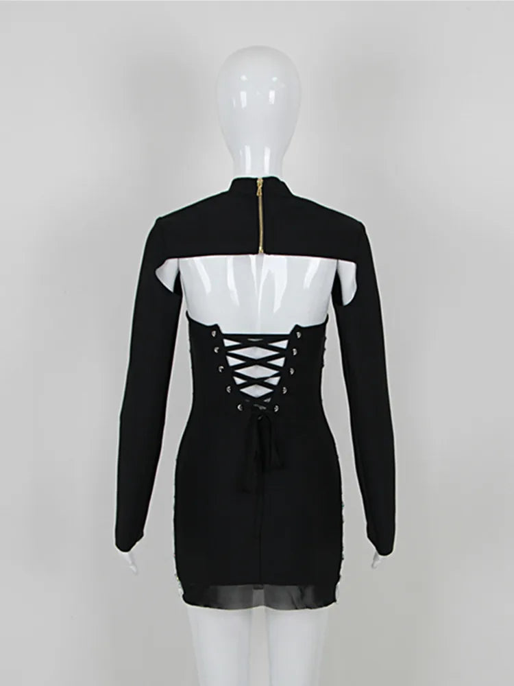 Women Celebrity Sexy Turtleneck Beading Rhinestone Black Mini Bodycon Bandage Dress 2023 Elegant Evening Club Party Dress