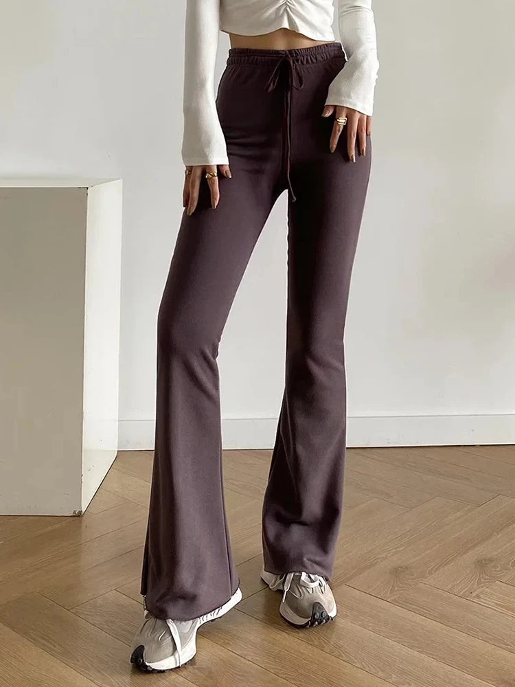 Women Leggings Gray Tie Up Elastic Sweatpants Flared Legging High Waist Pants Slim Casual Sports Black Pants Knitted Trousers