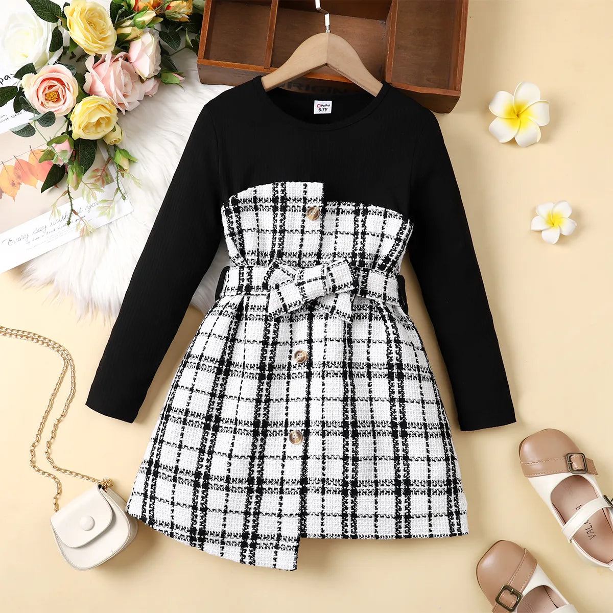 Dress for Girl Kid Girl Plaid Tweed Splice Button Design Irregular Hem Long-sleeve Girl Dresses for 5-12 Y Black