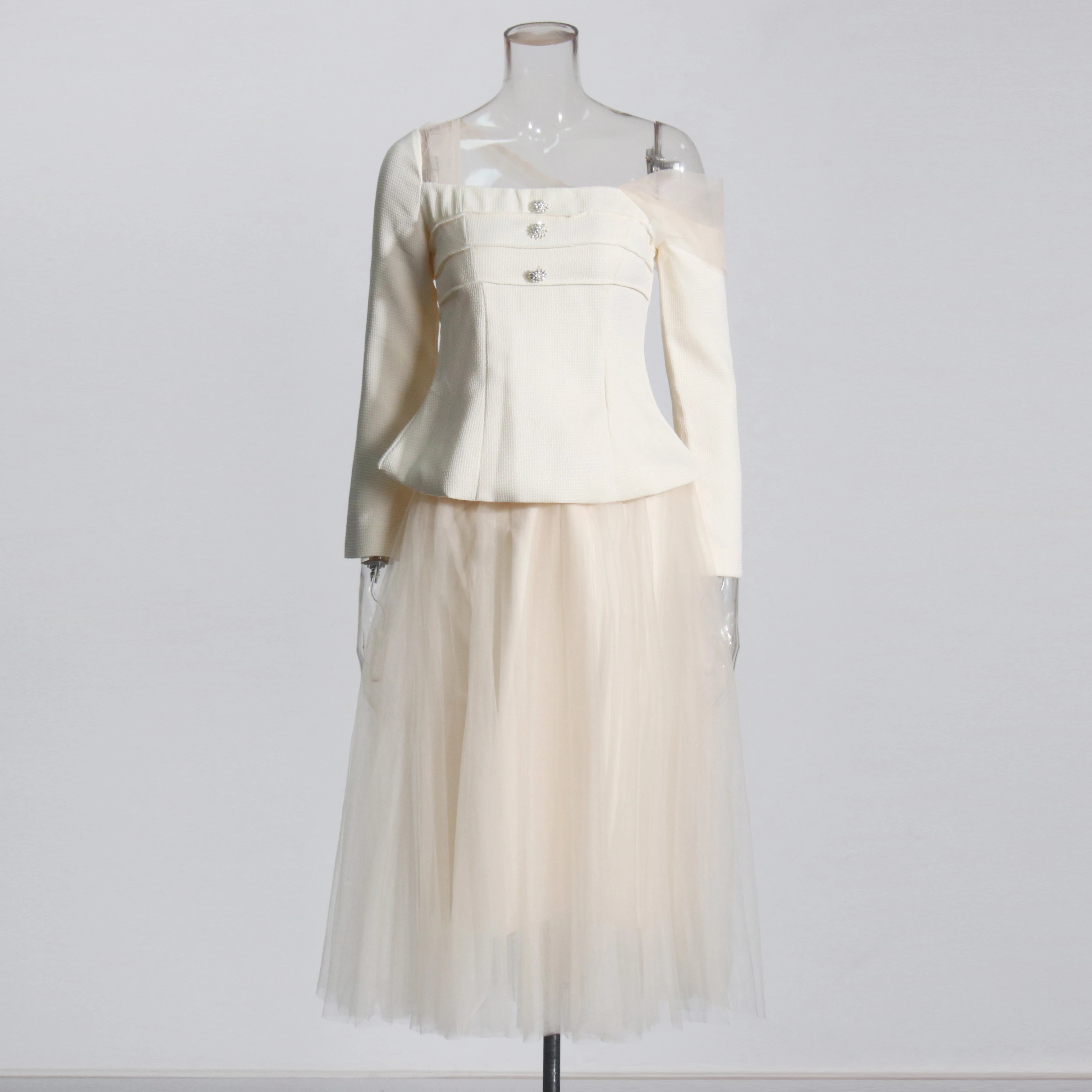 TWOTWINSTYLE Solid Two Piece Set For Women Diagonal Collar Long Sleeve Tunic Top High Waist Pleated Skirt Elegant Sets Female