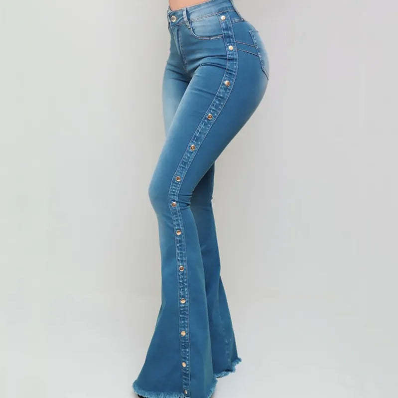 Plus Größe Blau gewaschener Flare Jeans Mom Jeans für Frauen Winter Frühlingskleidung dünne Seitenstreifen hohe Taille -Paillettenhosen Y2K