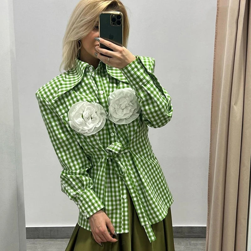 Fairy Grunge 3D Floral Plaid Shirt 90s Vintage Long Sleeve Lapel Button Women Shirt French Aesthetic Trendy Fashion Streetwear green