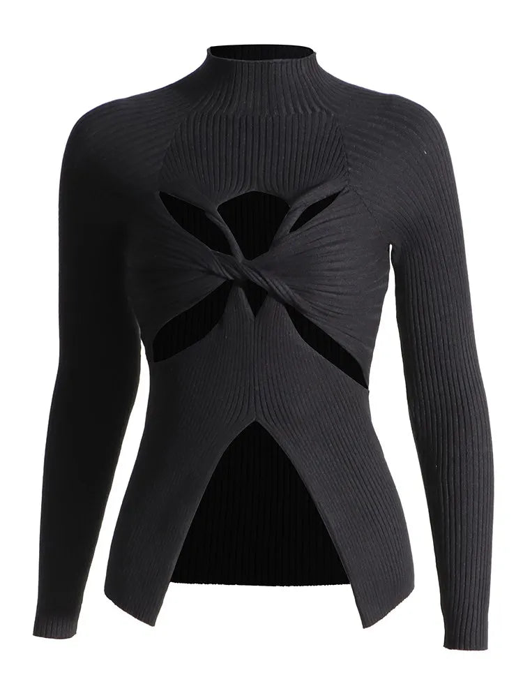 Slimming Crisscross Hollow Out Knitting Sweaters For Women Round Neck Long Sleeve Solid Casual Chic Sweater Female