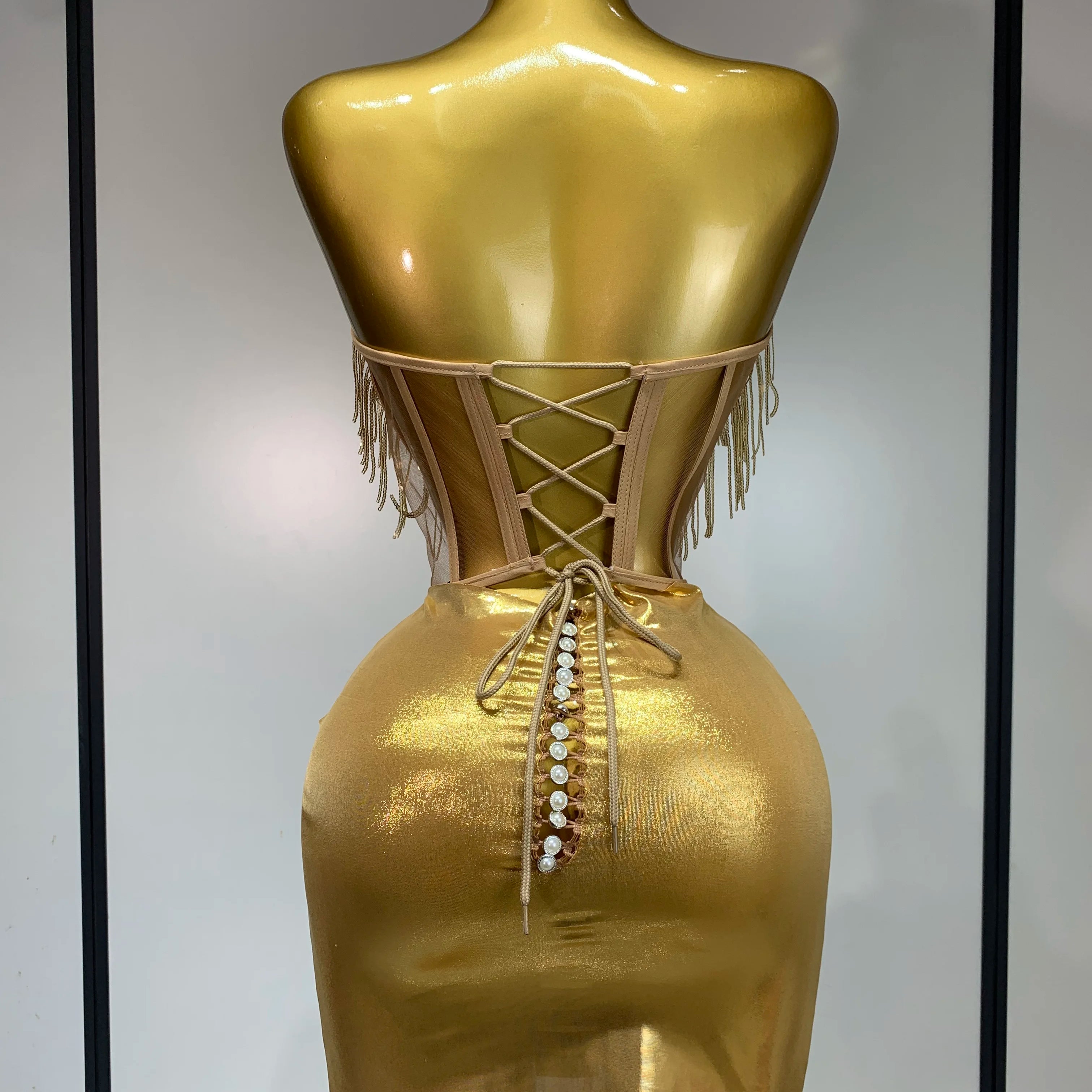 2025 Sparkly Gold Rhinstones tassels Top Skirt Set Women Sexy Strapless Designer Two Pieces Nightclub Evening Party Stage Outfit