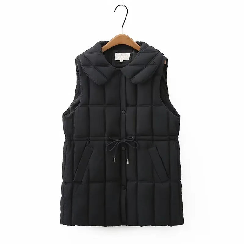 Plus Size Women's Clothing Autumn And Winter New In Thickened Laminated Vest Turndown Collar Mid-Length Quilted Jacket Oversize black