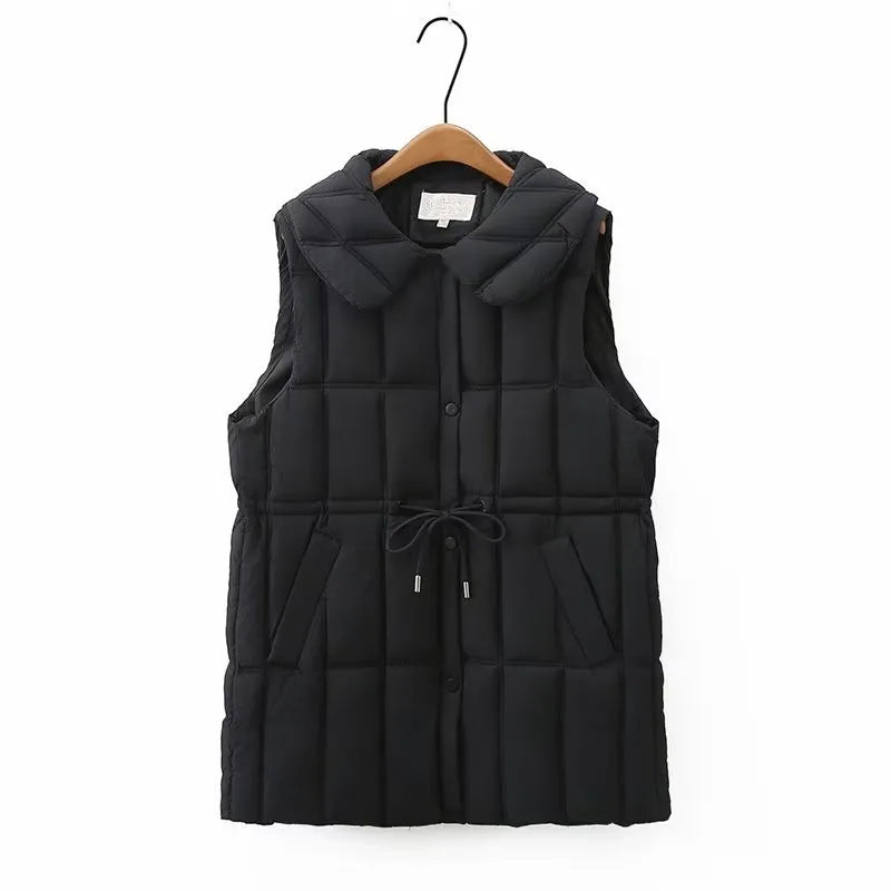 Plus Size Women's Clothing Autumn And Winter New In Thickened Laminated Vest Turndown Collar Mid-Length Quilted Jacket Oversize black