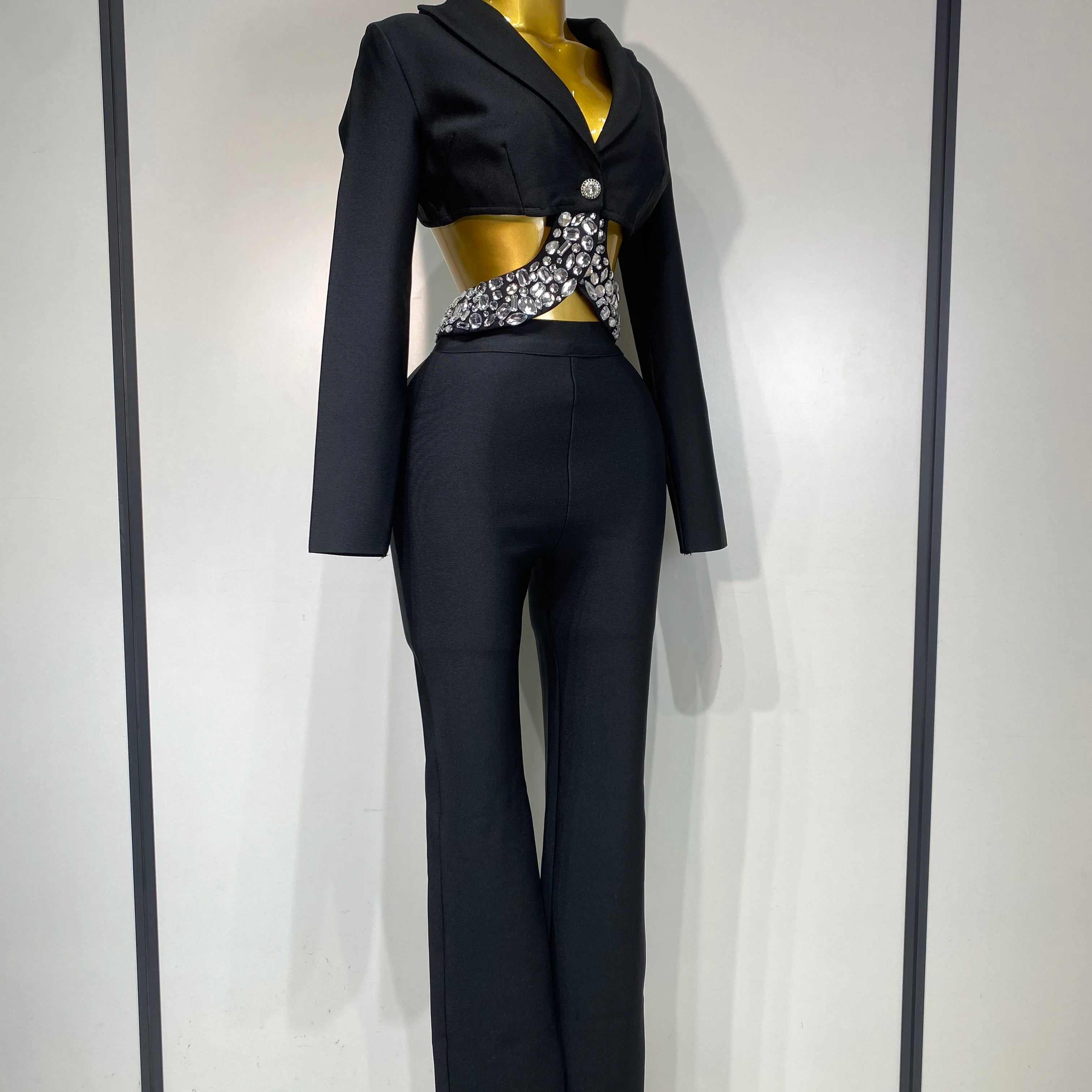 Conjunto feminino sexy com recortes, manga longa, com contas, bodycon, duas peças, calça, bandagem, designer de celebridades, moda feminina, conjunto de aniversário de luxo