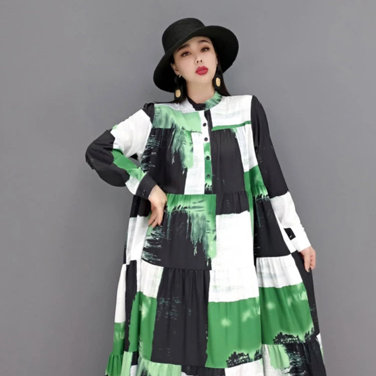 SHENGPALAE 2024 Autumn Fashion Tide Dress For Women Stand-up Collar Long Sleeve Printing Elegant Loose Fit Female Robe 5AE209