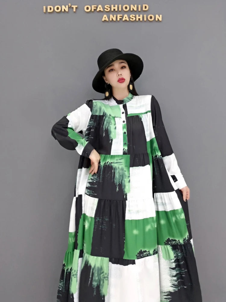 SHENGPALAE 2024 Autumn Fashion Tide Dress For Women Stand-up Collar Long Sleeve Printing Elegant Loose Fit Female Robe 5AE209