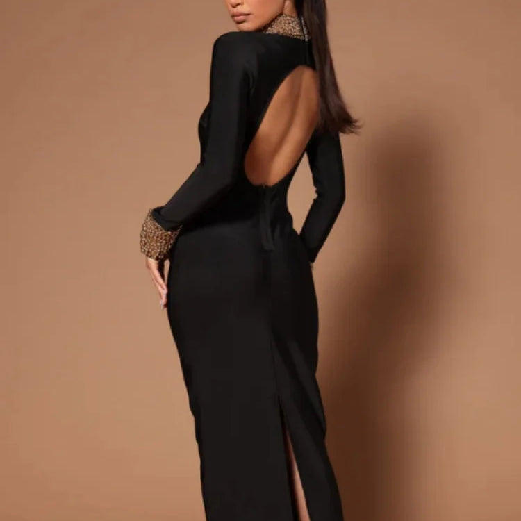 Black Color Women Long Sleeve Sexy Backless Golden Beading Bodycon Bandage Long Dress Fashion Celebrate Evening Party Dress