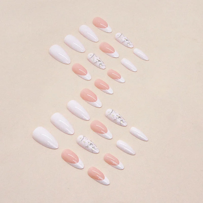 24pcs White French Gold Messy Lines Press on Nails Almond Simple Pink Fake Nails Full Cover Wearable False Nails