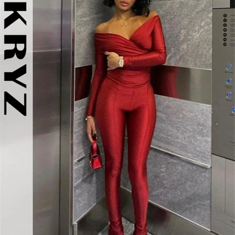 Ladies Off Shoulder Night Clubwear Y2K 2 Piece Long Sleeve V-Neck Folds Tees+Pencil Pants Fashion Club Streetwear Women Outfits