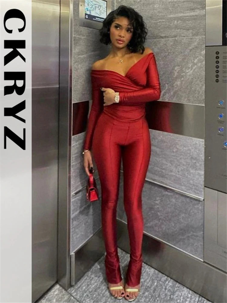 Ladies Off Shoulder Night Clubwear Y2K 2 Piece Long Sleeve V-Neck Folds Tees+Pencil Pants Fashion Club Streetwear Women Outfits