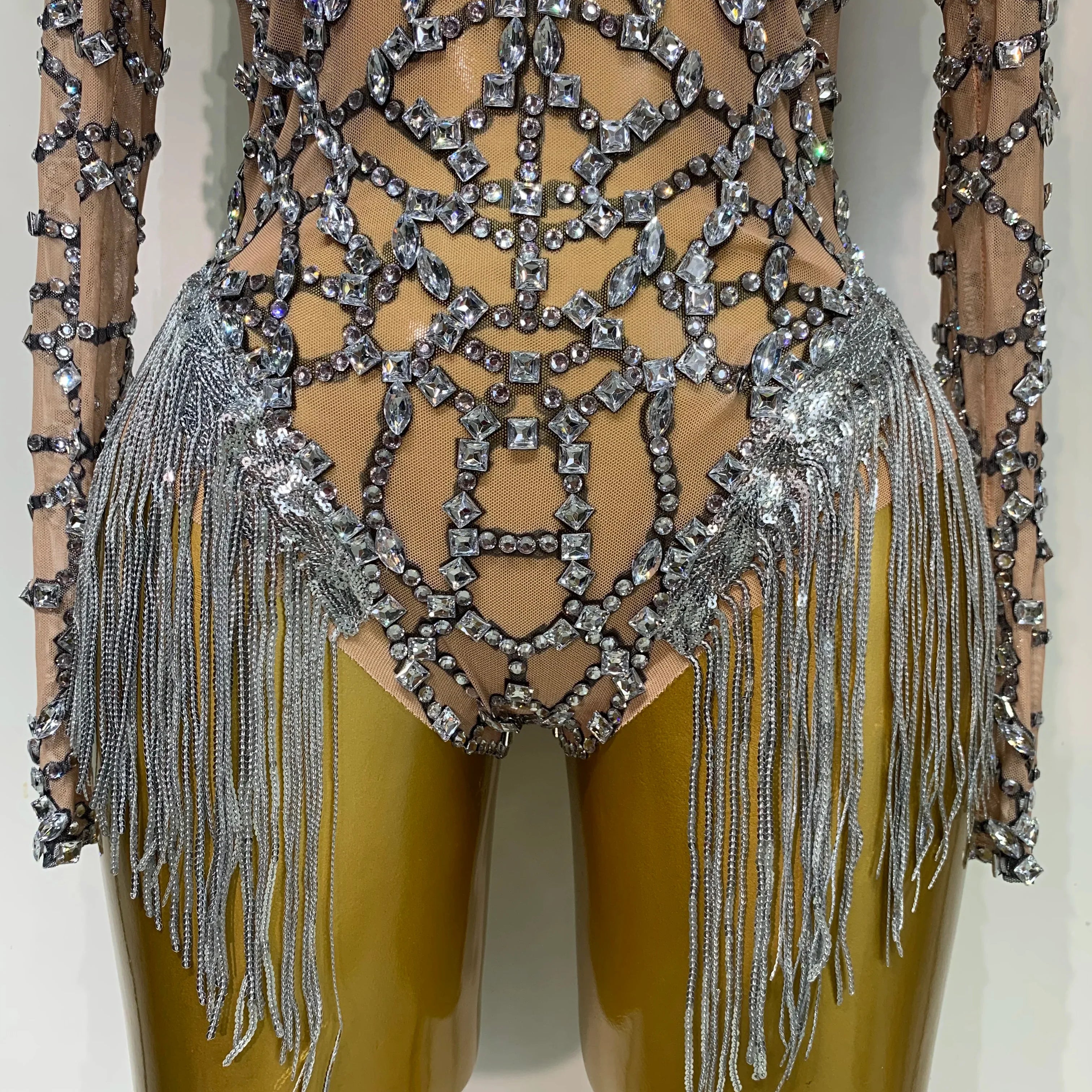 Shining Diamond Tassel Bodysuit Nightclub Stage Tight Mesh Long Sleeved  Nightclub Singer Performance Costume