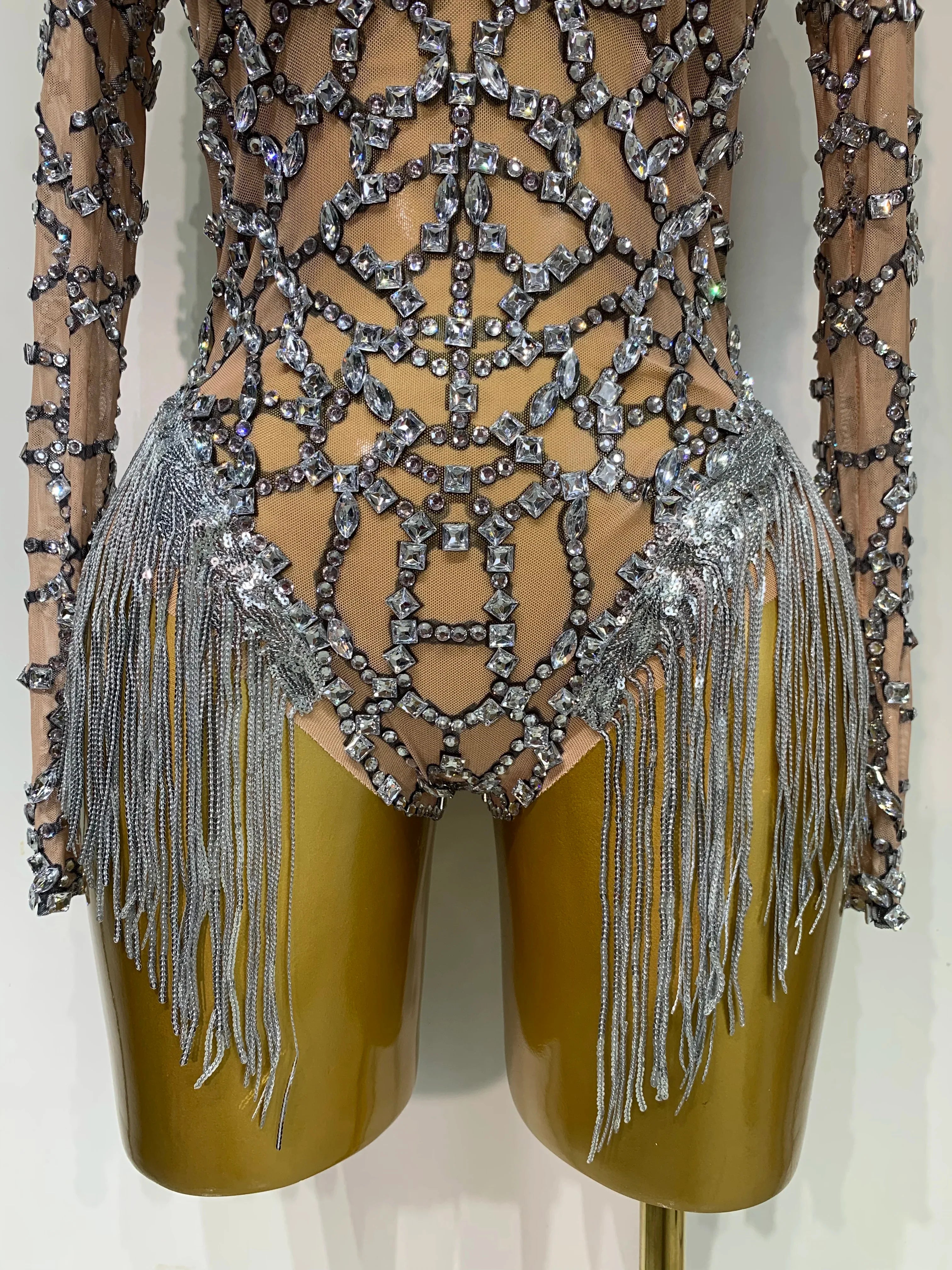 Shining Diamond Tassel Bodysuit Nightclub Stage Tight Mesh Long Sleeved  Nightclub Singer Performance Costume