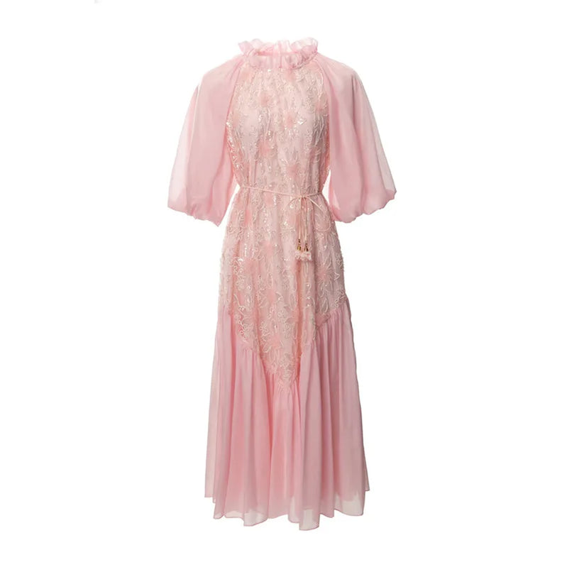 TWOTWISTYLE Solid Loose Spliced Embroidery Elegant Dresses for Women Round Neck Half Sleeves Patchwork Sequins Dress Female New