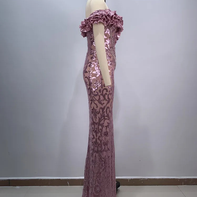 Luxury Sexy Off Shoulder Ruffles Pink Mesh Sequins Maxi Long Women Celebrity Dress 2024 Elegant Party Evening Club Vestido