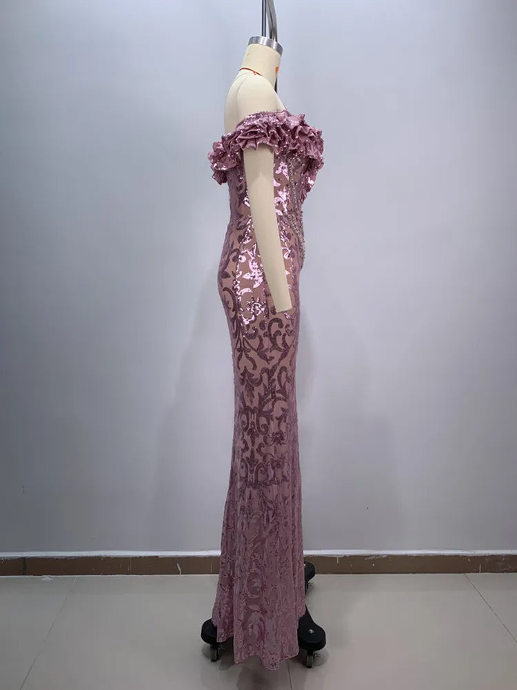 Luxury Sexy Off Shoulder Ruffles Pink Mesh Sequins Maxi Long Women Celebrity Dress 2024 Elegant Party Evening Club Vestido