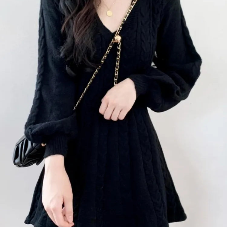 Knit Knitted Sweater Mini Dress Women Casual Lantern Sleeve Short Dresses Autumn Winter V-neck Outfits Female