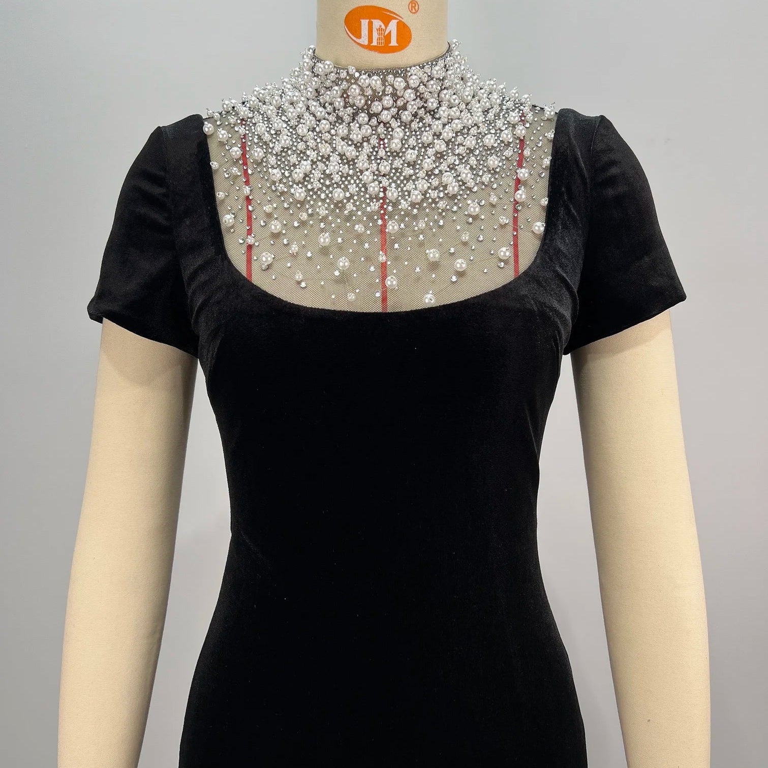 Women Short Sleeve Pearl Beading Velvet Bodycon Long Dress Elegant Evening Party Celebrate Cocktail  Dress