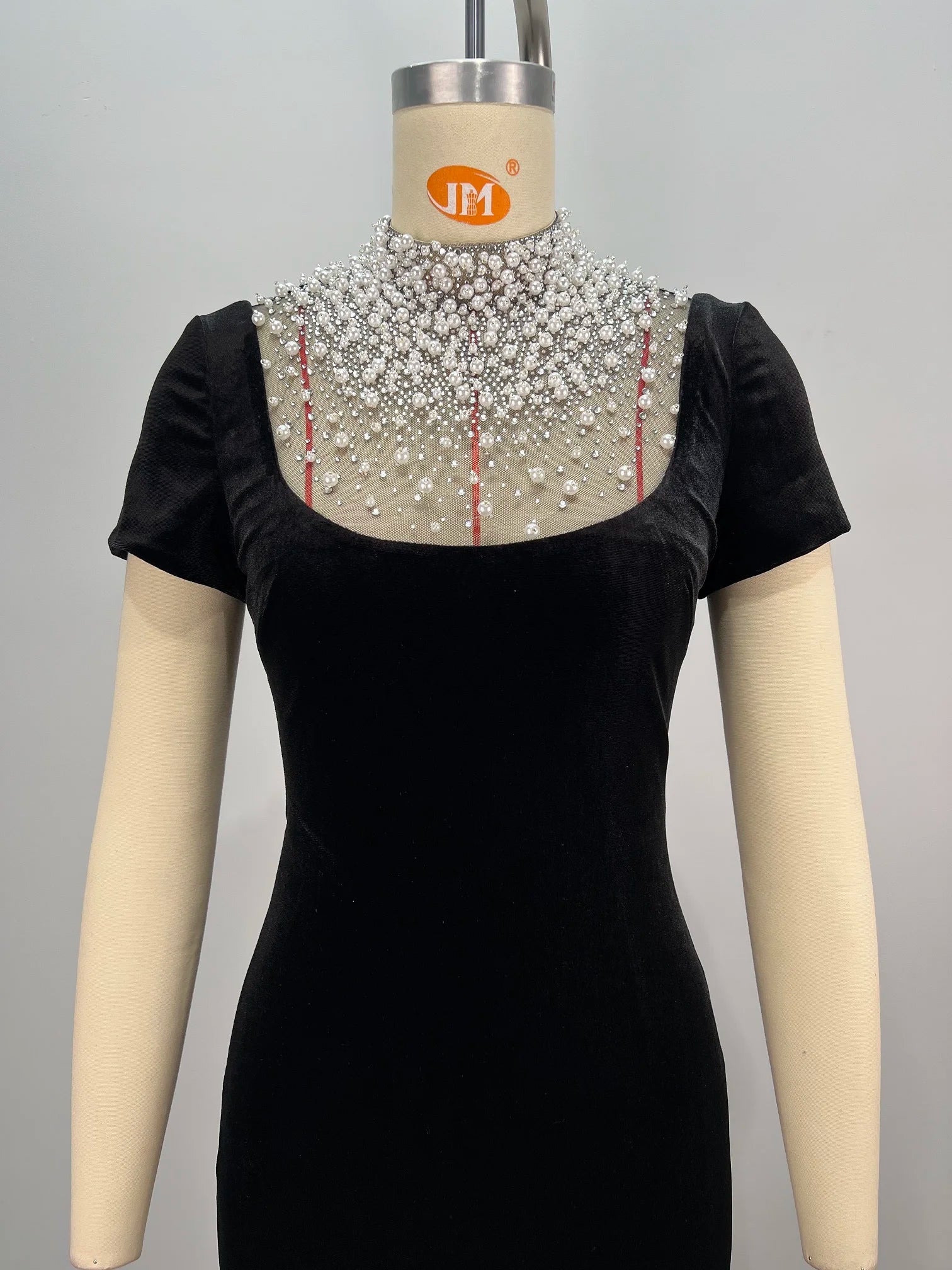 Women Short Sleeve Pearl Beading Velvet Bodycon Long Dress Elegant Evening Party Celebrate Cocktail  Dress