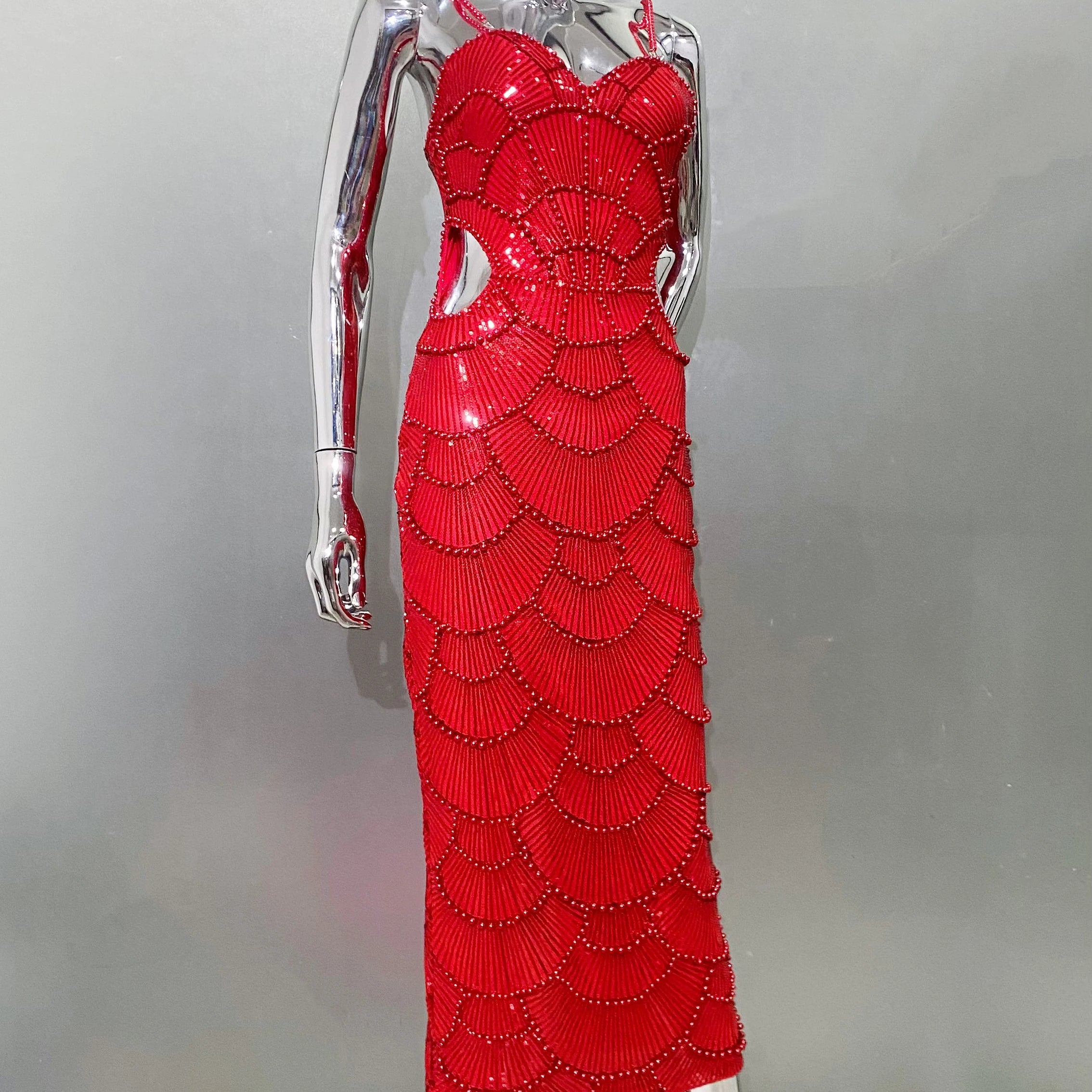 Red Color Women Sexy Strap Shinning Beading Sequins Bodycon Long Dress Celebrate Evening Party Cocktail Dress Wholesale