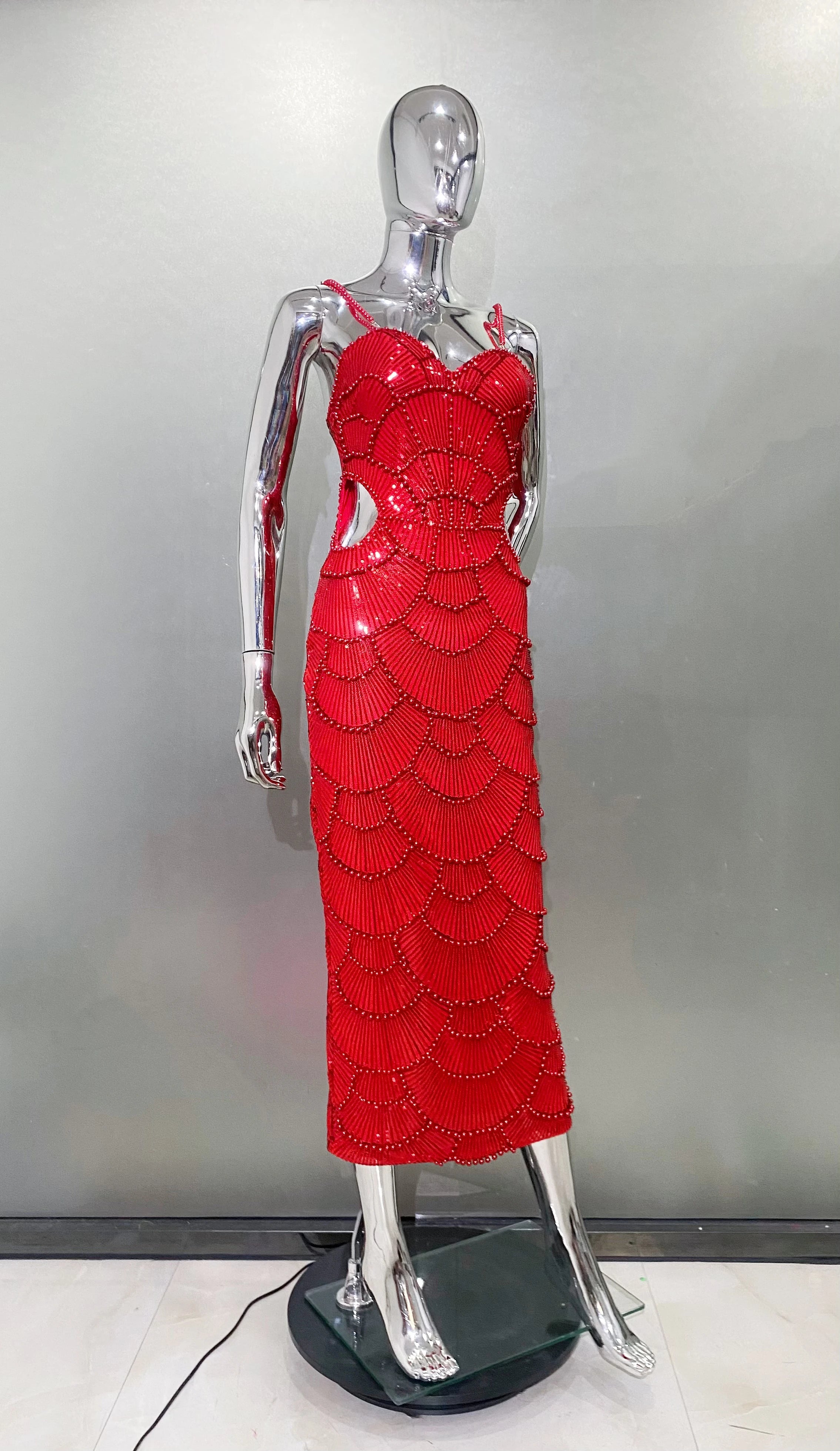 Red Color Women Sexy Strap Shinning Beading Sequins Bodycon Long Dress Celebrate Evening Party Cocktail Dress Wholesale