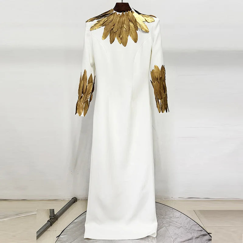 TWOTWINSTYLE Hit Color Slimming Spliced Glod Feathers Dresses for Women High Neck Long Sleeves Temperament Dress Female Fashion