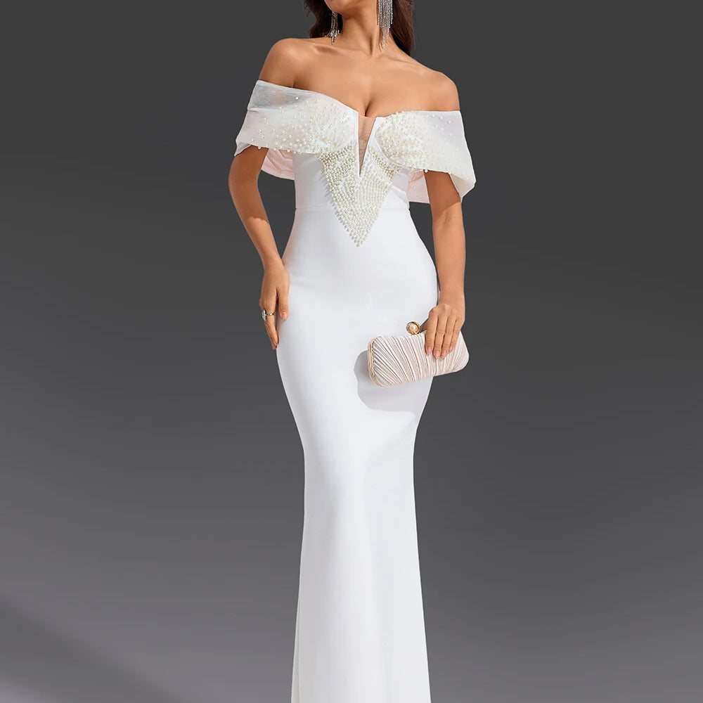 Women Sexy Pearl Beading Tight Maxi Bandage Dress Off The Shoulder Patchwork Bodycon Clothes Club Evening Party Elegant Gown