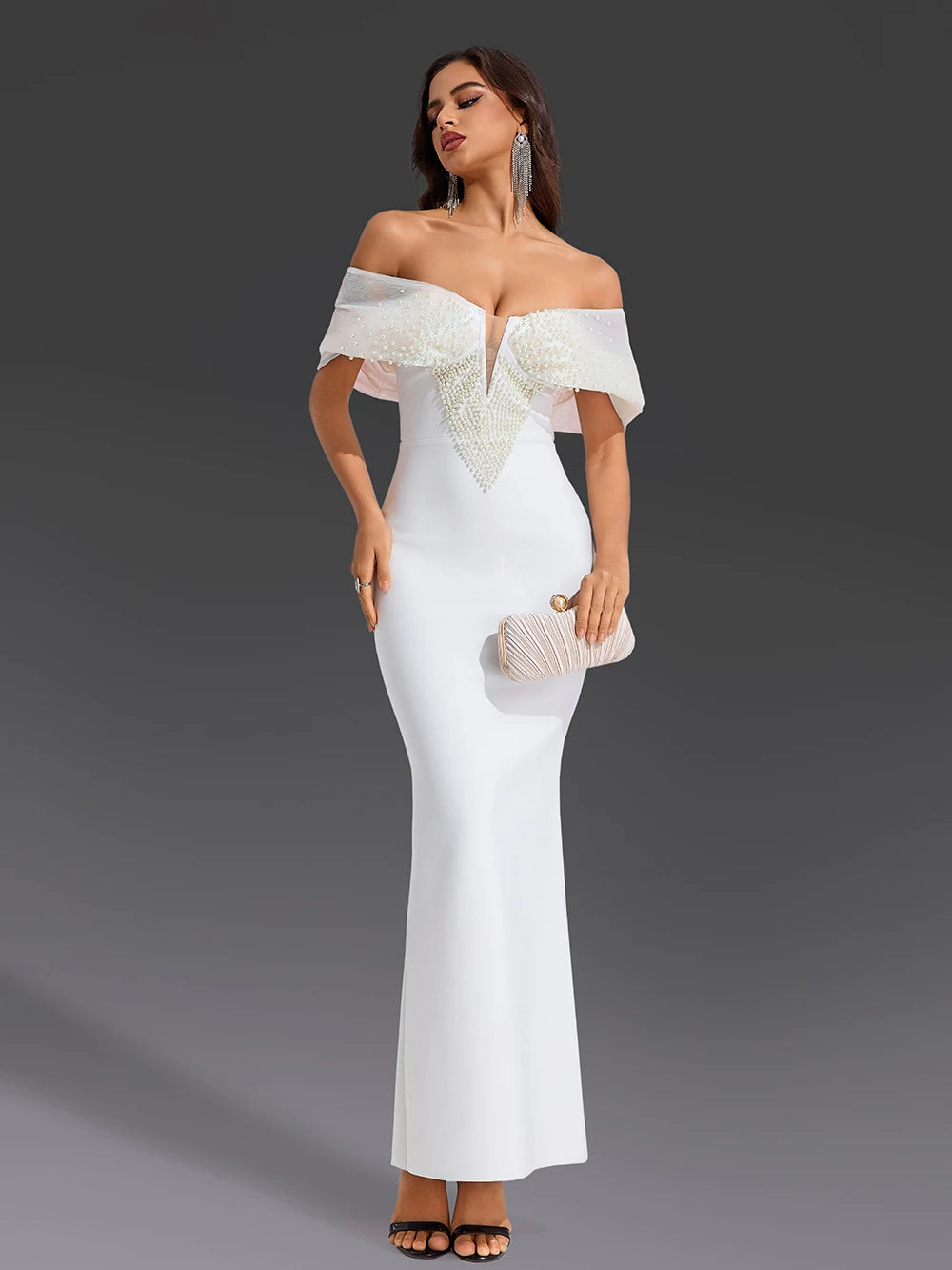 Women Sexy Pearl Beading Tight Maxi Bandage Dress Off The Shoulder Patchwork Bodycon Clothes Club Evening Party Elegant Gown