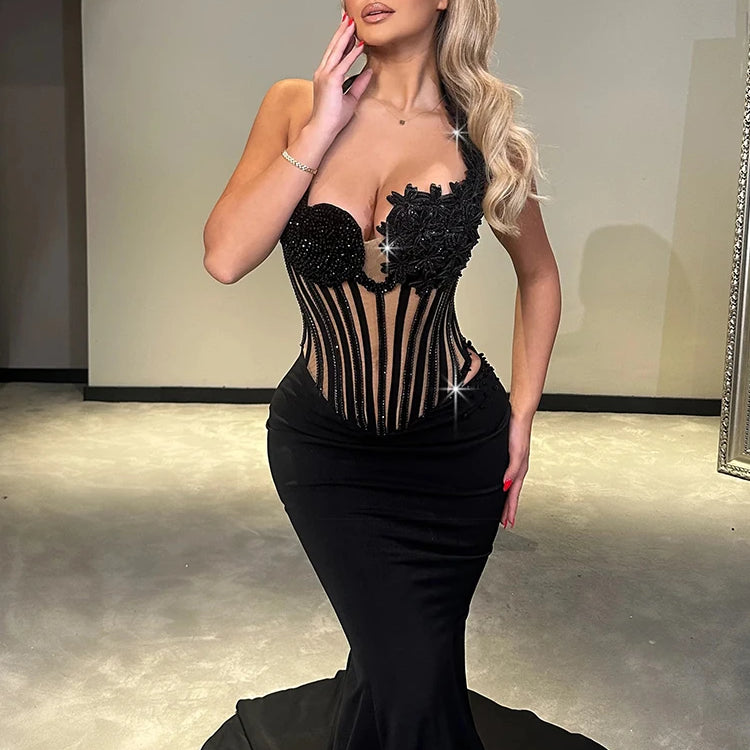 VC Glamorous Black Halter Sequin Flower Mesh Top Mermaid Dress for Galas Evening Gown