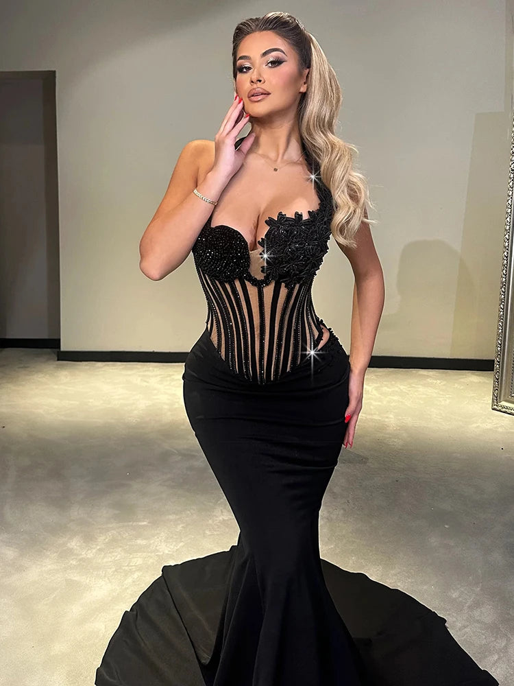 VC Glamorous Black Halter Sequin Flower Mesh Top Mermaid Dress for Galas Evening Gown