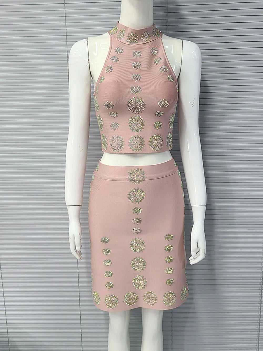 2025 Sexy Women's Hot Diamond Top+Bandage Short Skirt Sets O-neck Sleeveless Short Tank Top+High Waist Short Skirt Two Piece Set