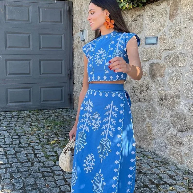 Bohemia Cotton Linen Printed T-shirt Skirts Suit Women Casual O-neck Short Top Lace-Up Dress Sets Summer Beach Women Outfits