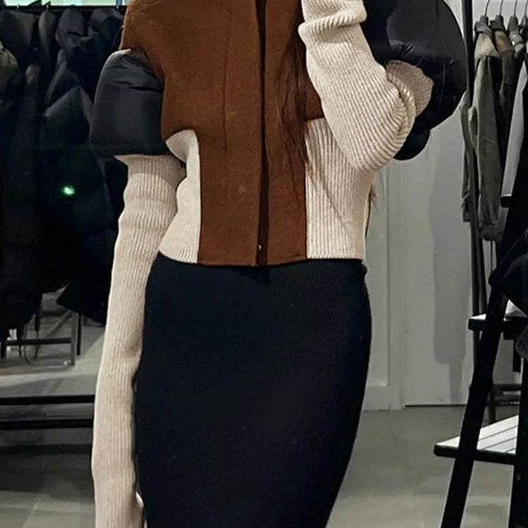 DEAT Fashion Women's Color Block Jackets Long Sleeve Zipper Collarless Slim Short Patchwork Short Coat Spring New 7AB3106