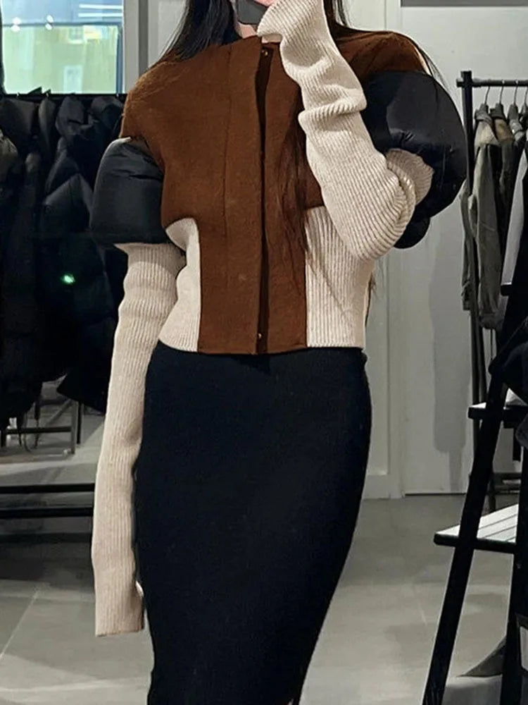 DEAT Fashion Women's Color Block Jackets Long Sleeve Zipper Collarless Slim Short Patchwork Short Coat Spring New 7AB3106