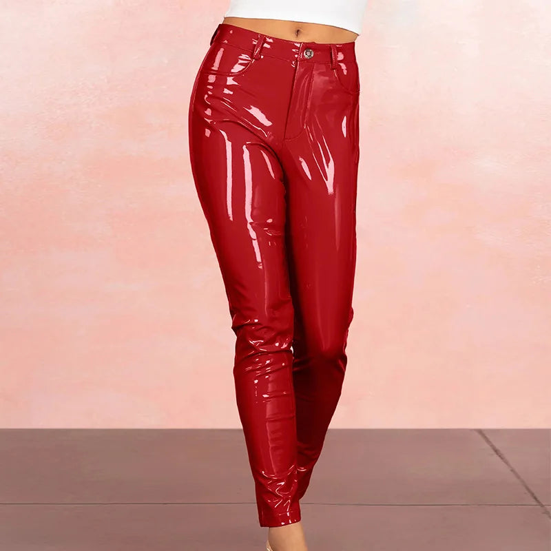 Women's Shiny Leather Pencil Pants Sexy Booty Lifting Middle Waist Pink Trousers Stretch Tights Clubbing Nightlife Custom Red
