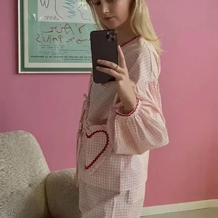 Women Heart Pocket Plaid Shirt Pants Set Casual Lantern Sleeve Lace Up Blouse 2 Piece Sets Summer Loose Drawstring Pants Set