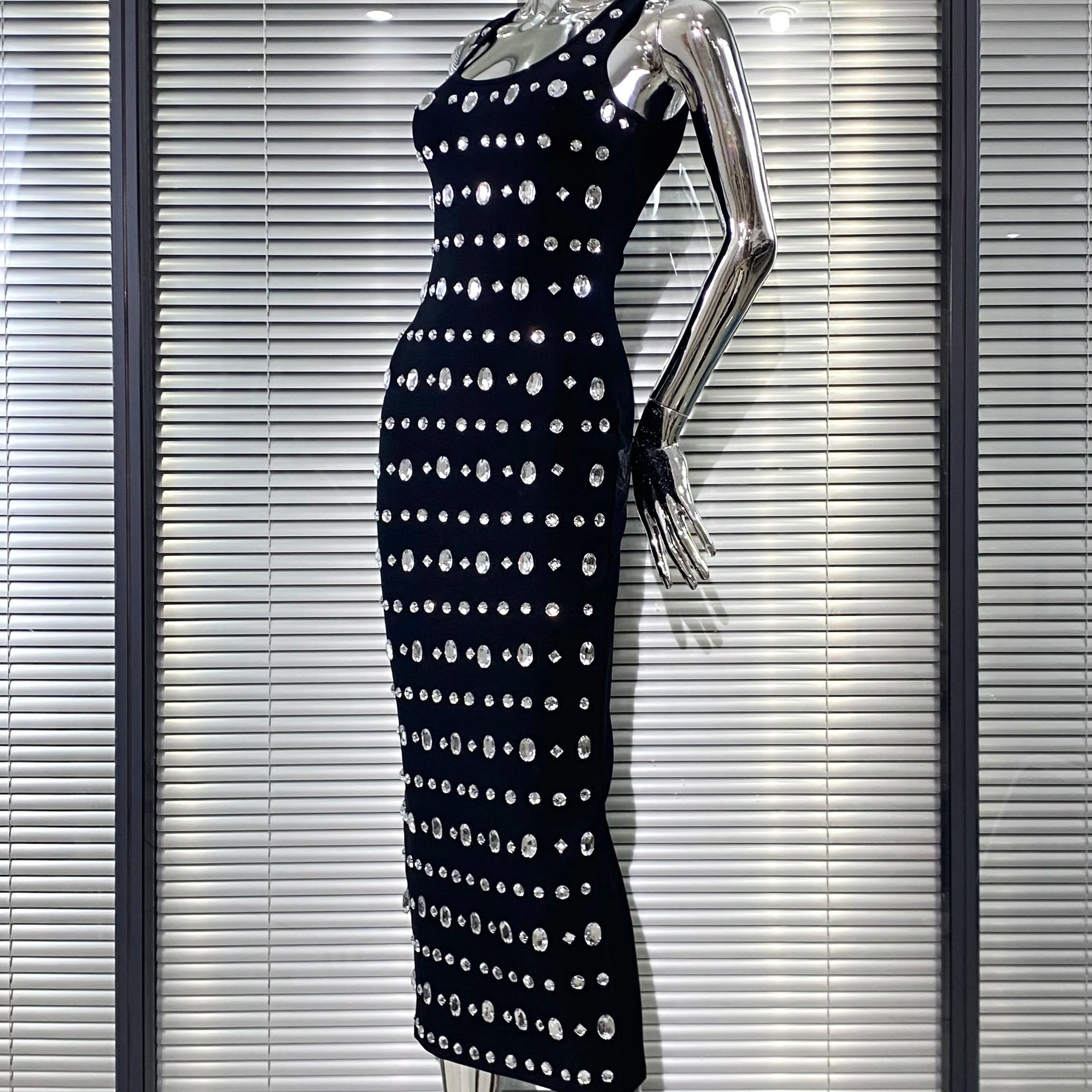 Sparkling Diamonds Sleeveless Package Black Bandage Ankle Length Dress Woman evening Party Dress Celebrity Birthday Party Outfit