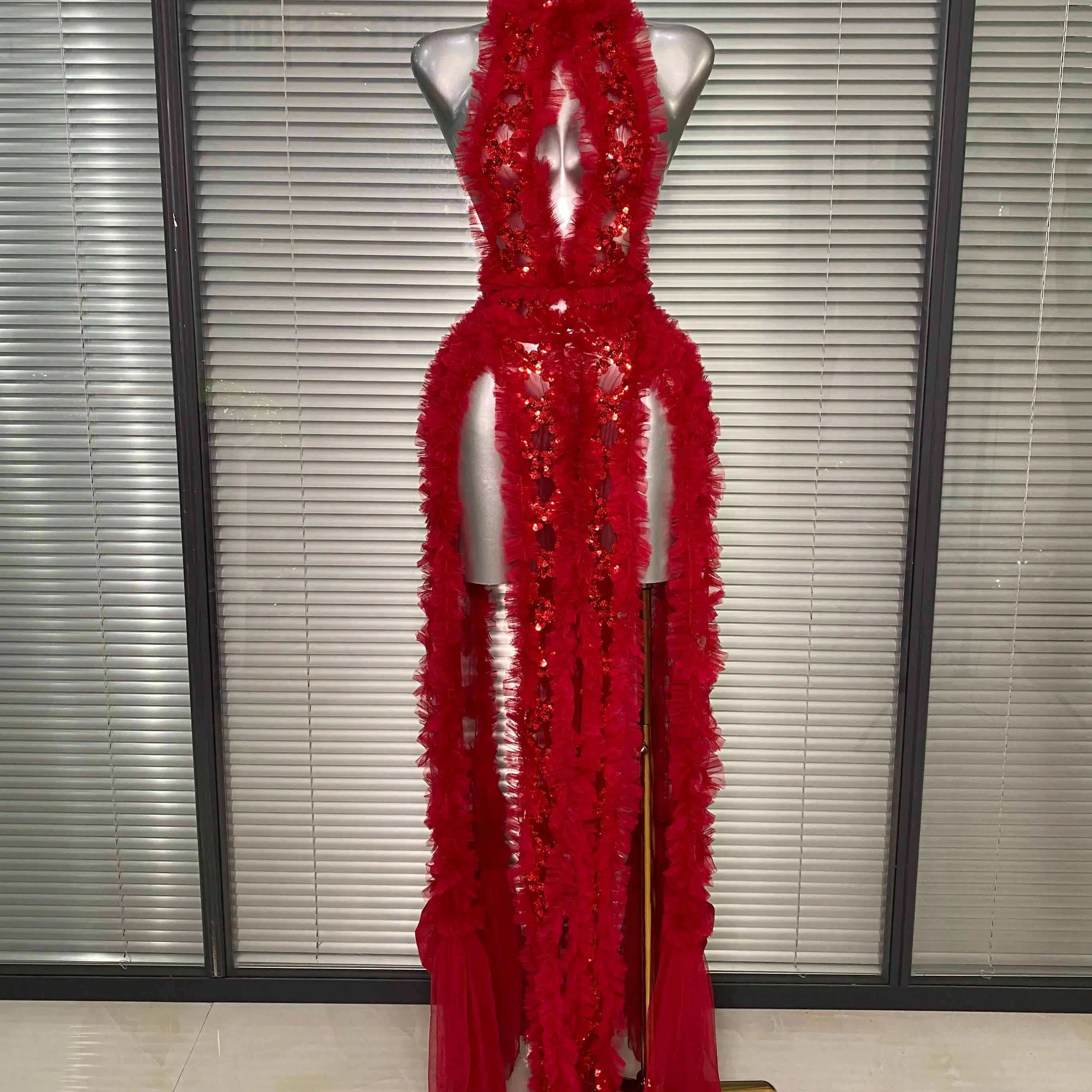 Ins New Women Sexy See Through Sequins Sparkly Red Pink Long Maxi Dress Party Costume Singer Stage Performance Dress