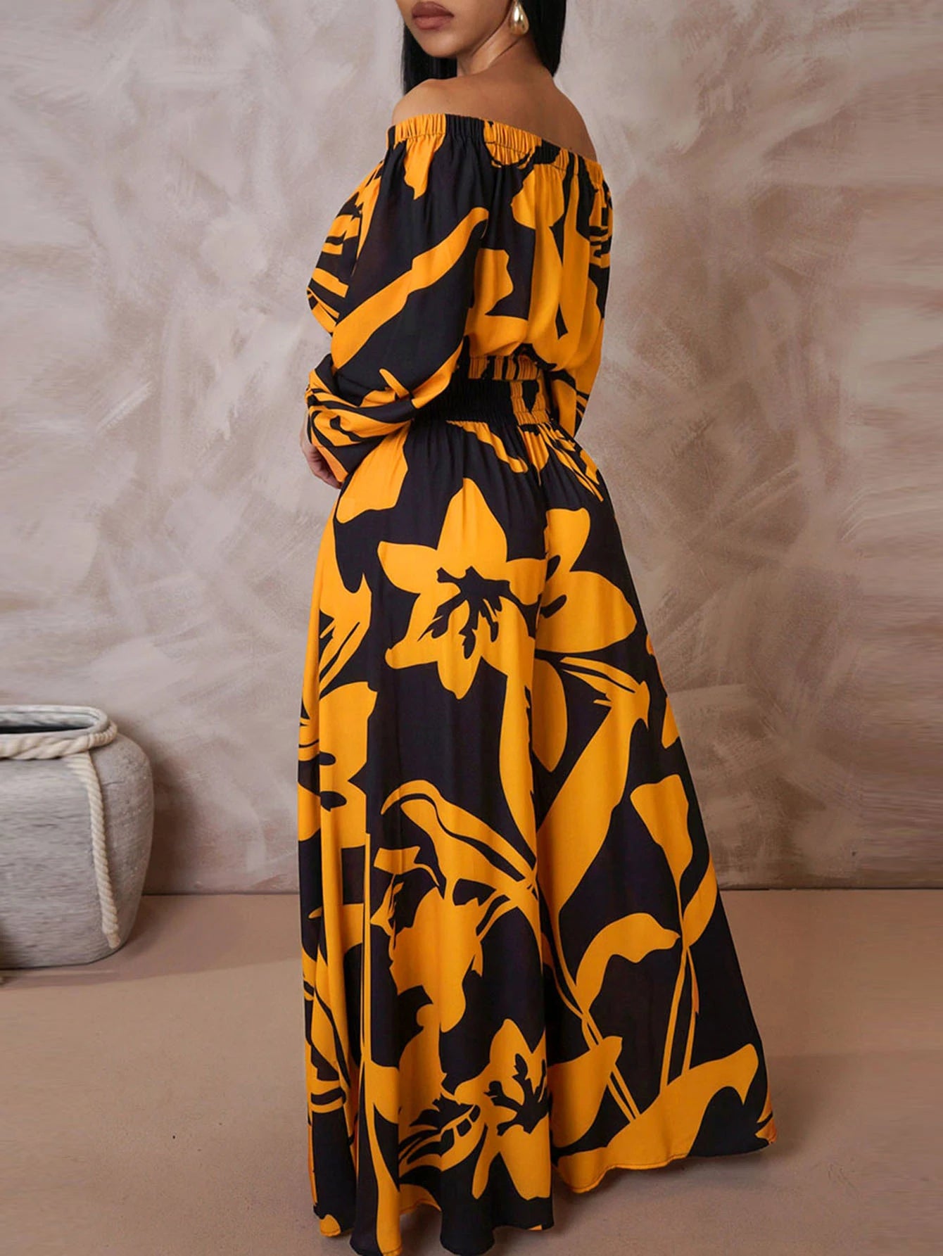 LW Plus Size Elegant Two pieces sets Off The Shoulder Floral Print Pants Set long sleeve color contrast Top + loose pants sets