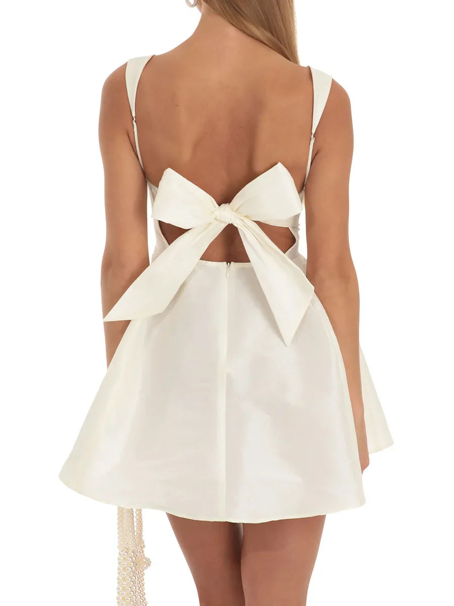 Women Summer Backless Big Bow Straps A-line Dress Sweet Solid Color Sleeveless Square Neck Short Dresses for Party Cocktail Prom