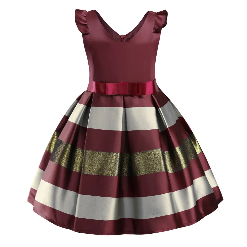 Baby Girls Striped Dress For Girls Formal Wedding Party Dresses Kids Princess Christmas Dress Costume Children Girls Clothing WineRed