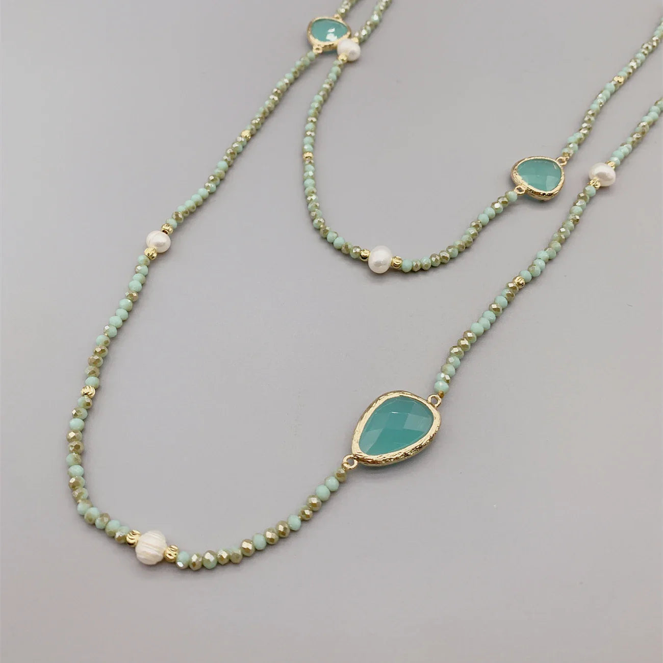 Faceted Cut Irregular Aqua Quartz Long Necklace With 5-6mm White Freshwater Pearls 2mm Crystals And Hammered Gold Beads 50 Inch