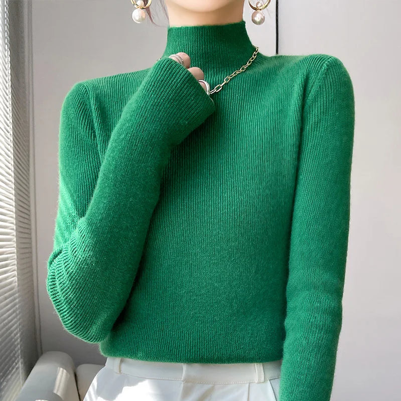 2022 Autumn and Winter Women's Cashmere Sweater Pullover Half Turtleneck Casual Fashion Pure Color High Quality Warmth Comfort green