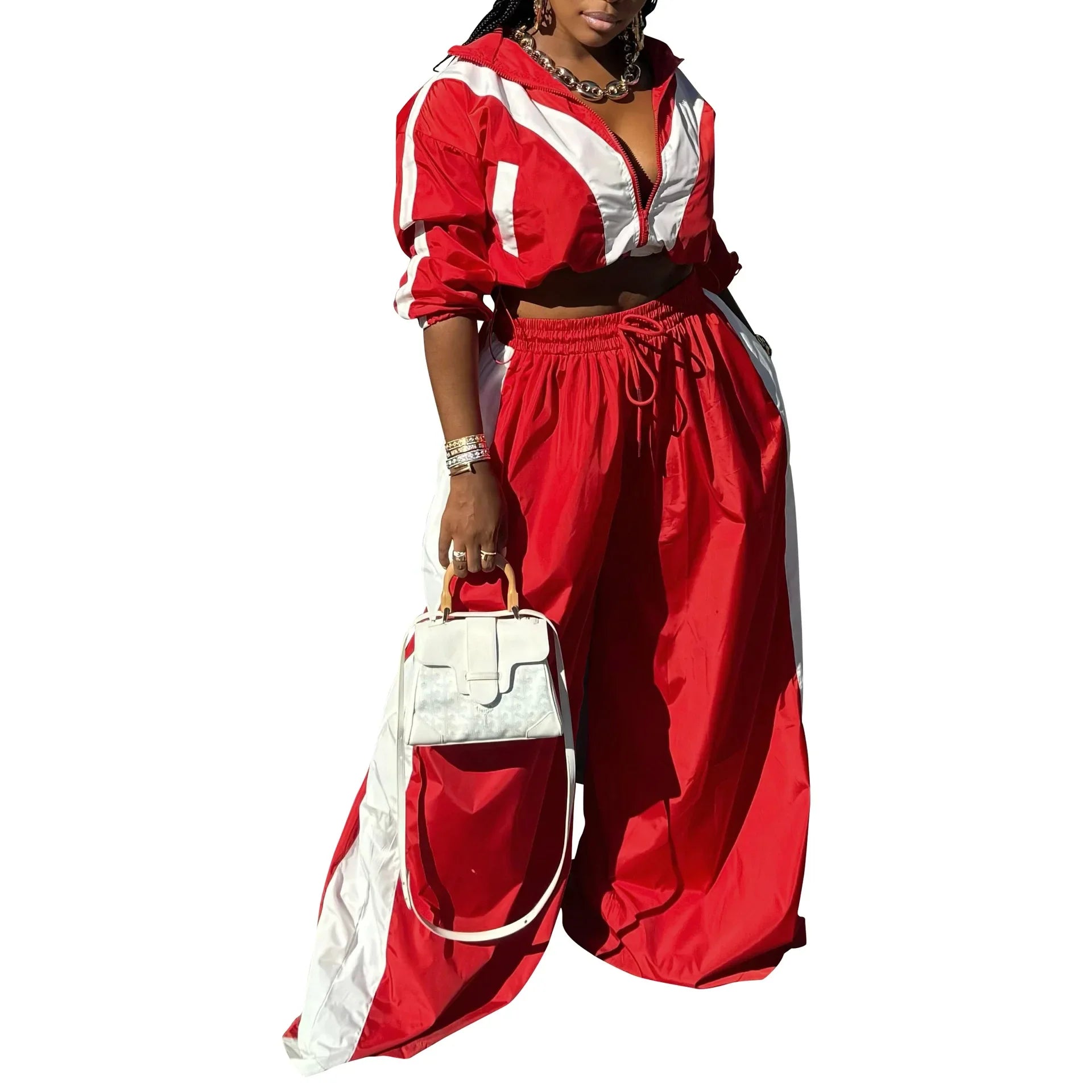 CM.YAYA Active Patchwork Women's Set Zipper Sweatshirt Jacket and Wide Leg Pants Suit 2025 INS Two 2 Piece Sets Outfit Tracksuit Red