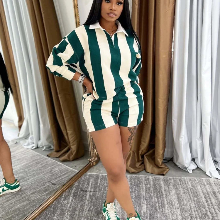 CM.YAYA Striped Women's Set Pleated full Sleeve Turn-down Collar Polo-t-shirt and Shorts 2025 Two 2 Piece Sets Outfit Tracksuits