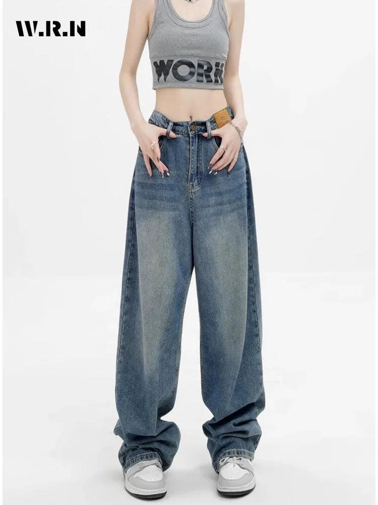 Women Retro Aesthetic Wide Leg Baggy Casual Denim Trouser Harajuku Blue High Waist Loose Jeans Spring Fashion Pants